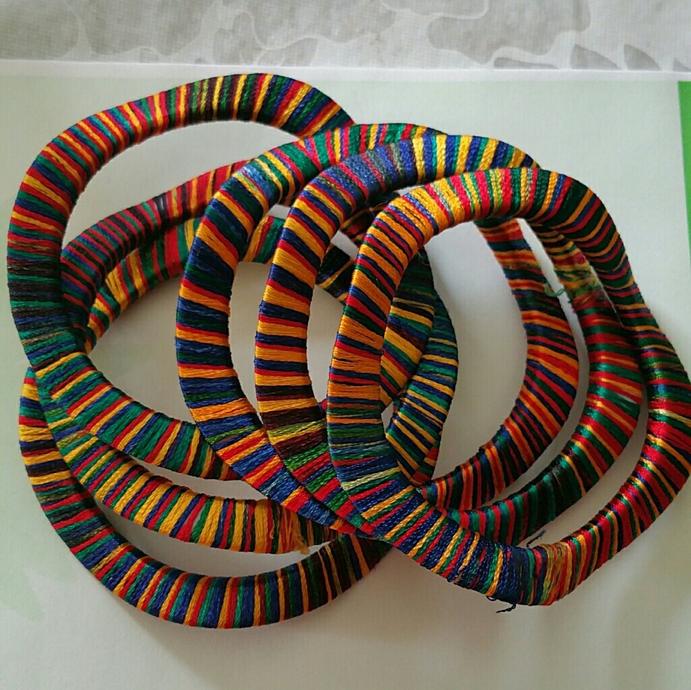 Retro Silk Wrapped Twisty Bangles - set of 6